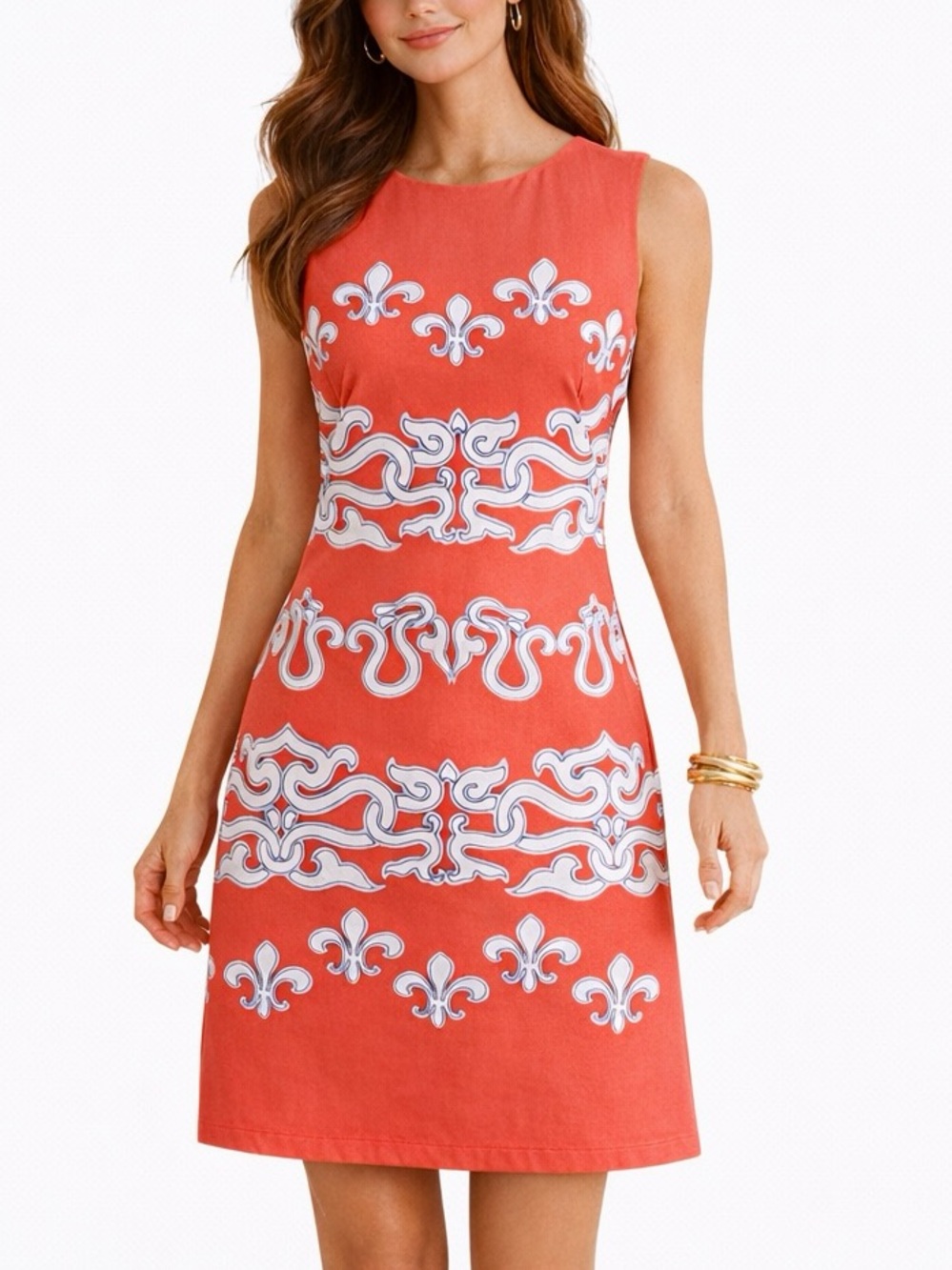 J. McLaughlin Sophia Dress Coral Byzantium Print | Sleeveless Shift | Size Small